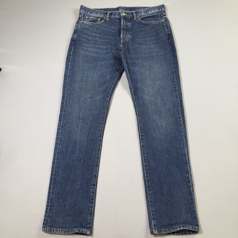 Buck Mason Maverick Slim Jeans Mens 33x32 Blue Double Dipped Button Fly 14oz EUC